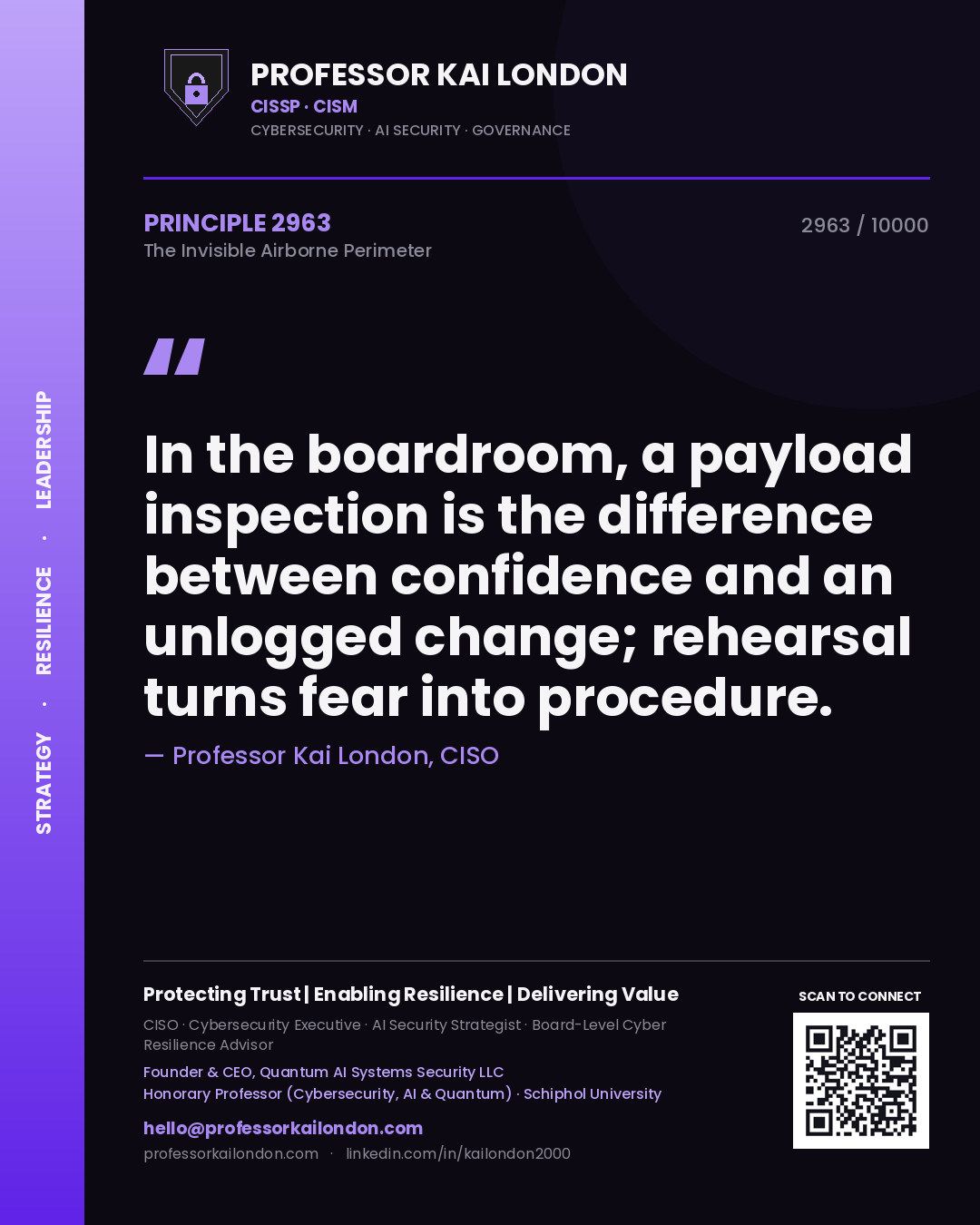 Quote card by Professor Kai London reading 'In the boardroom, a payload inspection is the difference between confidence and an unlogged change; rehearsal turns fear into procedure.'. From the book The Invisible Airborne Perimeter.