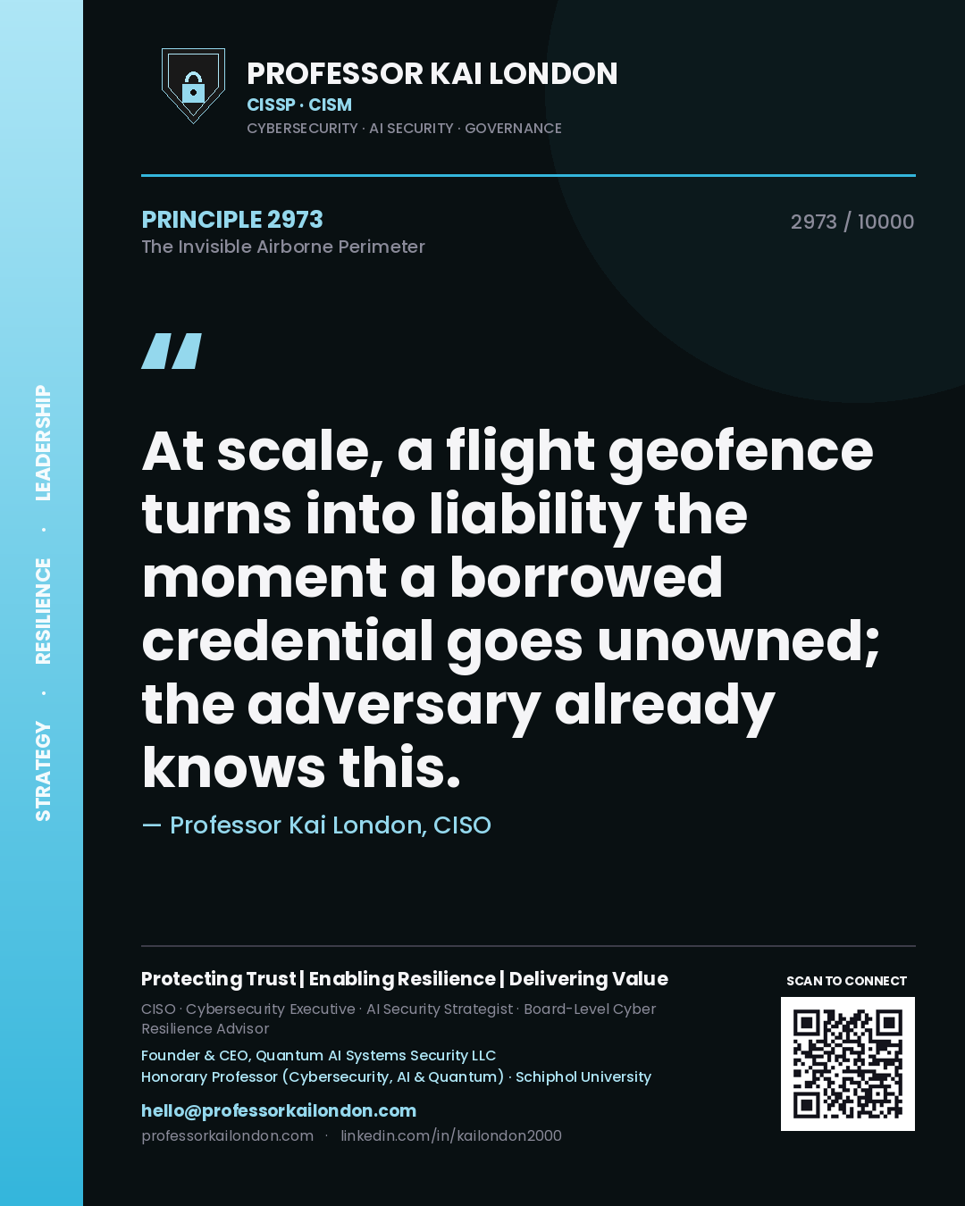 Quote card by Professor Kai London reading 'At scale, a flight geofence turns into liability the moment a borrowed credential goes unowned; the adversary already knows this.'. From the book The Invisible Airborne Perimeter.