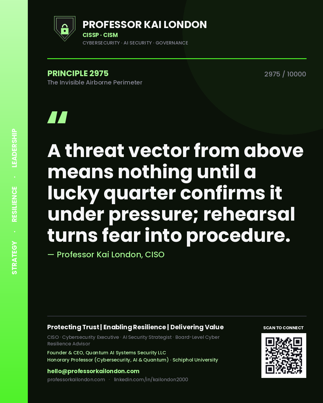 Professor Kai London principle 2975: A threat vector from above means nothing until a lucky quarter confirms it under pressure; rehearsal turns fear into procedure.