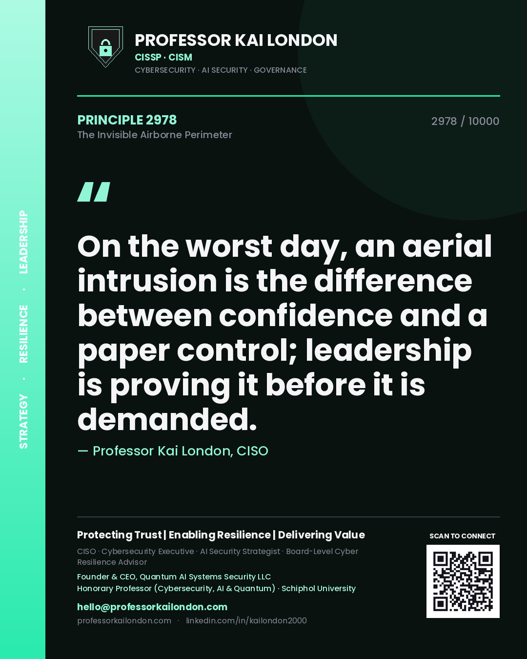 Quote card by Professor Kai London reading 'On the worst day, an aerial intrusion is the difference between confidence and a paper control; leadership is proving it before it is demanded.'. From the book The Invisible Airborne Perimeter.