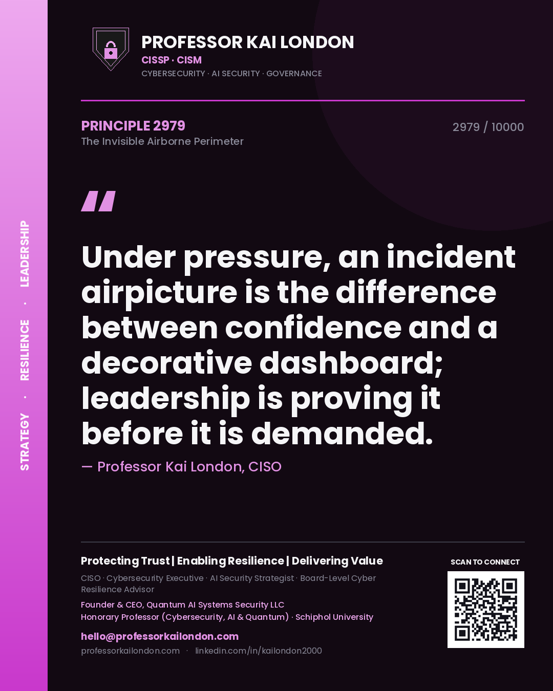 Quote card by Professor Kai London reading 'Under pressure, an incident airpicture is the difference between confidence and a decorative dashboard; leadership is proving it before it is demanded.'. From the book The Invisible Airborne Perimeter.