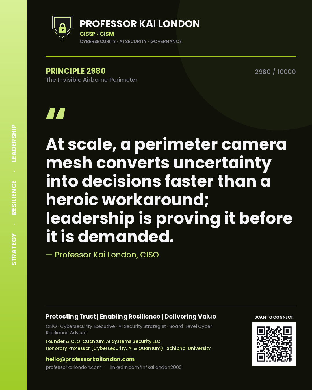 Quote card by Professor Kai London reading 'At scale, a perimeter camera mesh converts uncertainty into decisions faster than a heroic workaround; leadership is proving it before it is demanded.'. From the book The Invisible Airborne Perimeter.