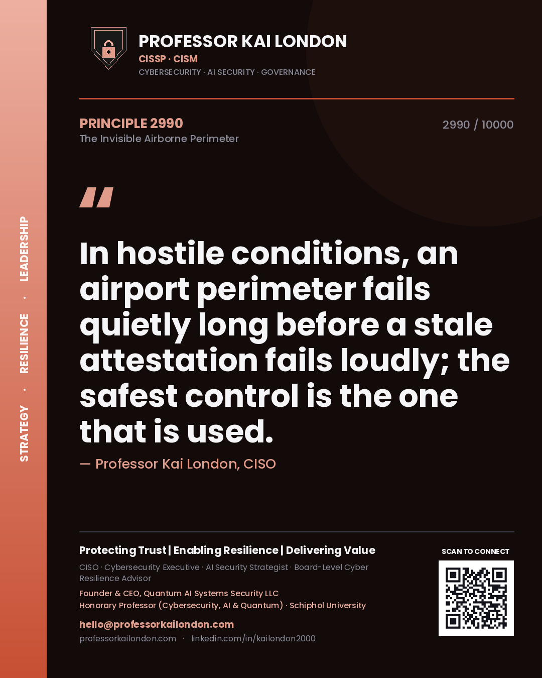Quote card by Professor Kai London reading 'In hostile conditions, an airport perimeter fails quietly long before a stale attestation fails loudly; the safest control is the one that is used.'. From the book The Invisible Airborne Perimeter.
