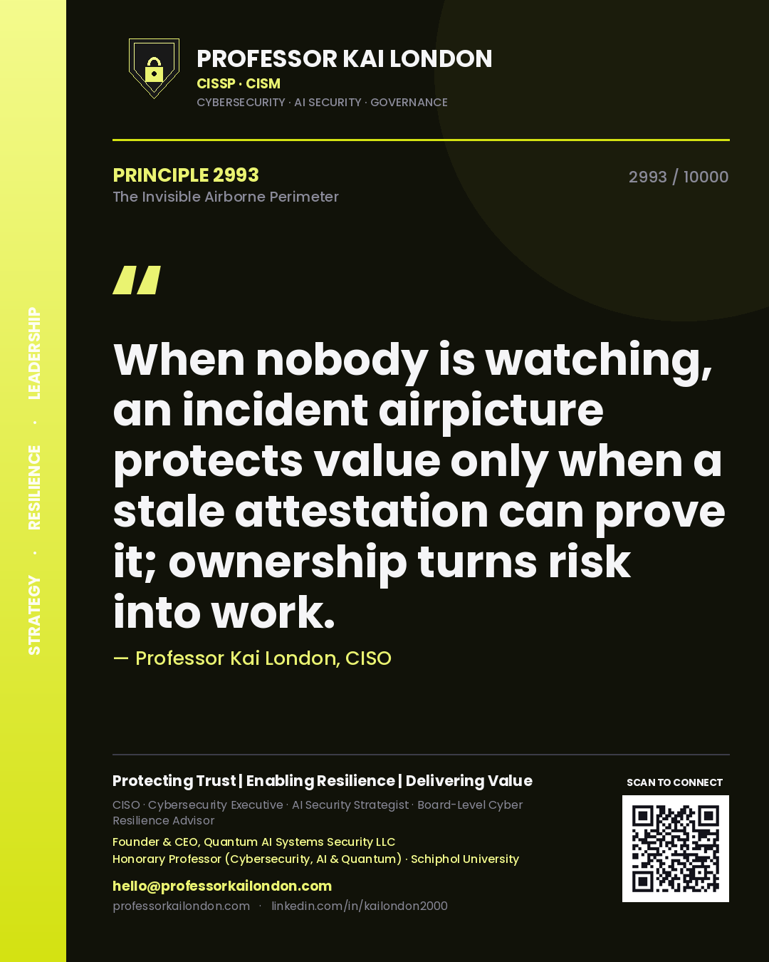 Quote card by Professor Kai London reading 'When nobody is watching, an incident airpicture protects value only when a stale attestation can prove it; ownership turns risk into work.'. From the book The Invisible Airborne Perimeter.