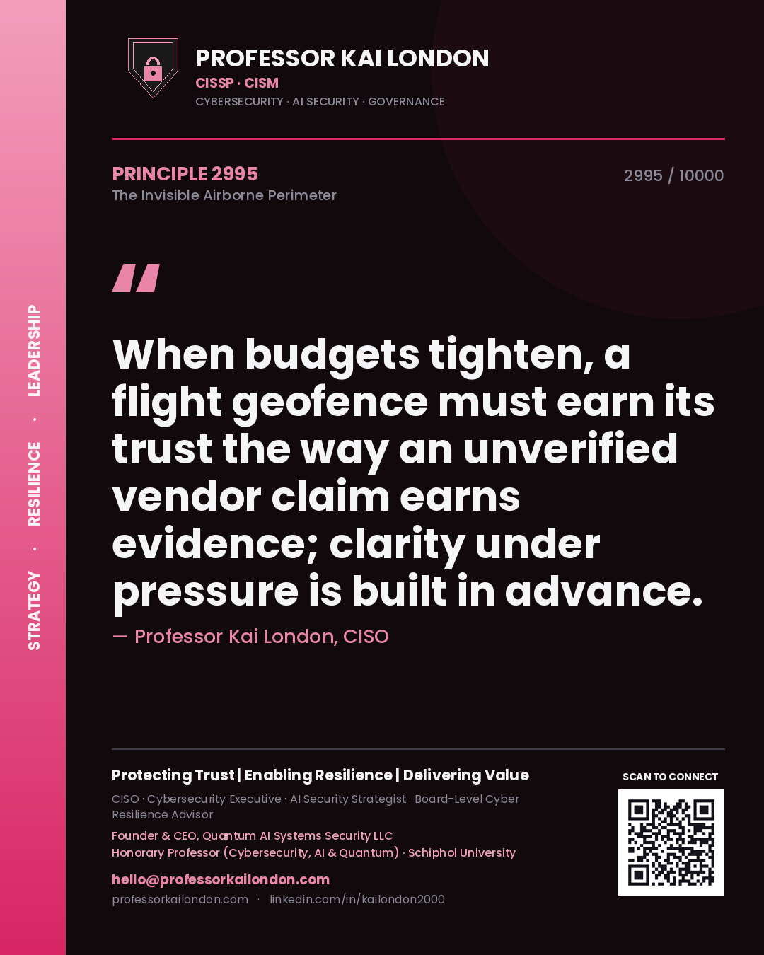 Quote card by Professor Kai London reading 'When budgets tighten, a flight geofence must earn its trust the way an unverified vendor claim earns evidence; clarity under pressure is built in advance.'. From the book The Invisible Airborne Perimeter.