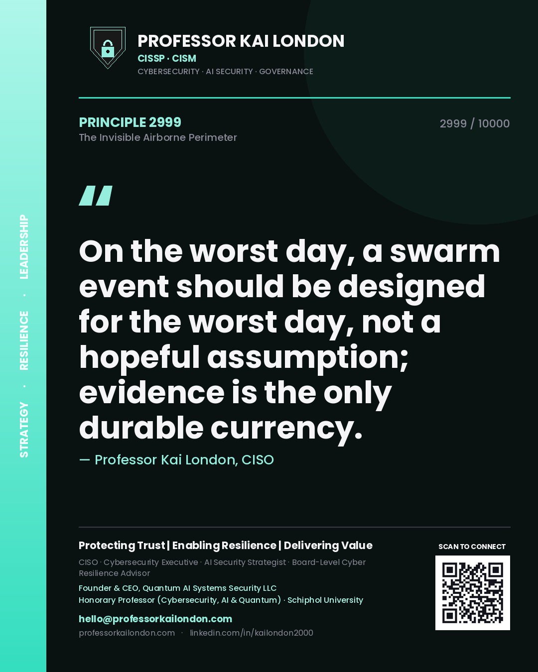 Quote card by Professor Kai London reading 'On the worst day, a swarm event should be designed for the worst day, not a hopeful assumption; evidence is the only durable currency.'. From the book The Invisible Airborne Perimeter.