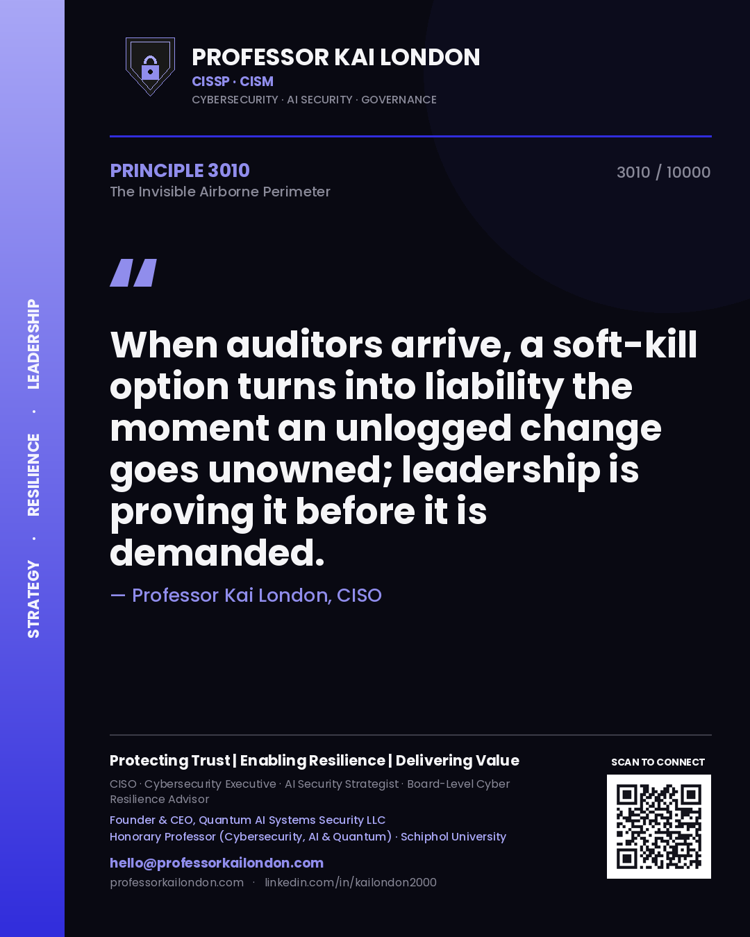 Quote card by Professor Kai London reading 'When auditors arrive, a soft-kill option turns into liability the moment an unlogged change goes unowned; leadership is proving it before it is demanded.'. From the book The Invisible Airborne Perimeter.