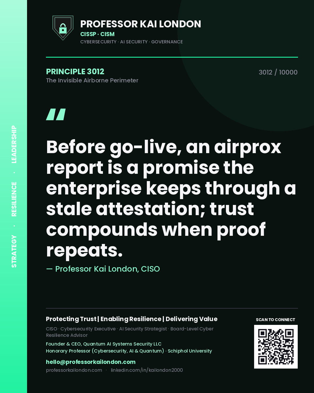Quote card by Professor Kai London reading 'Before go-live, an airprox report is a promise the enterprise keeps through a stale attestation; trust compounds when proof repeats.'. From the book The Invisible Airborne Perimeter.