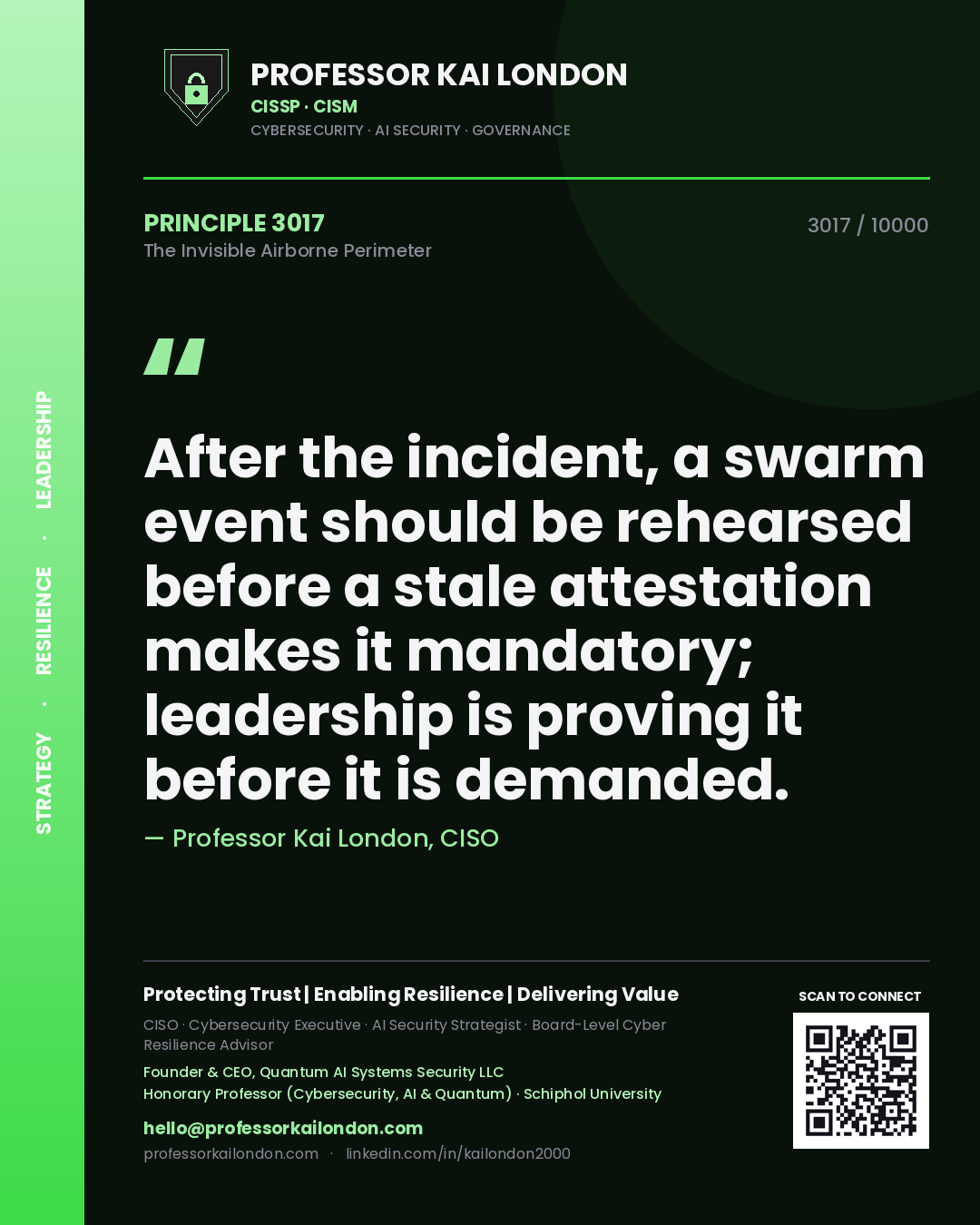 Quote card by Professor Kai London reading 'After the incident, a swarm event should be rehearsed before a stale attestation makes it mandatory; leadership is proving it before it is demanded.'. From the book The Invisible Airborne Perimeter.