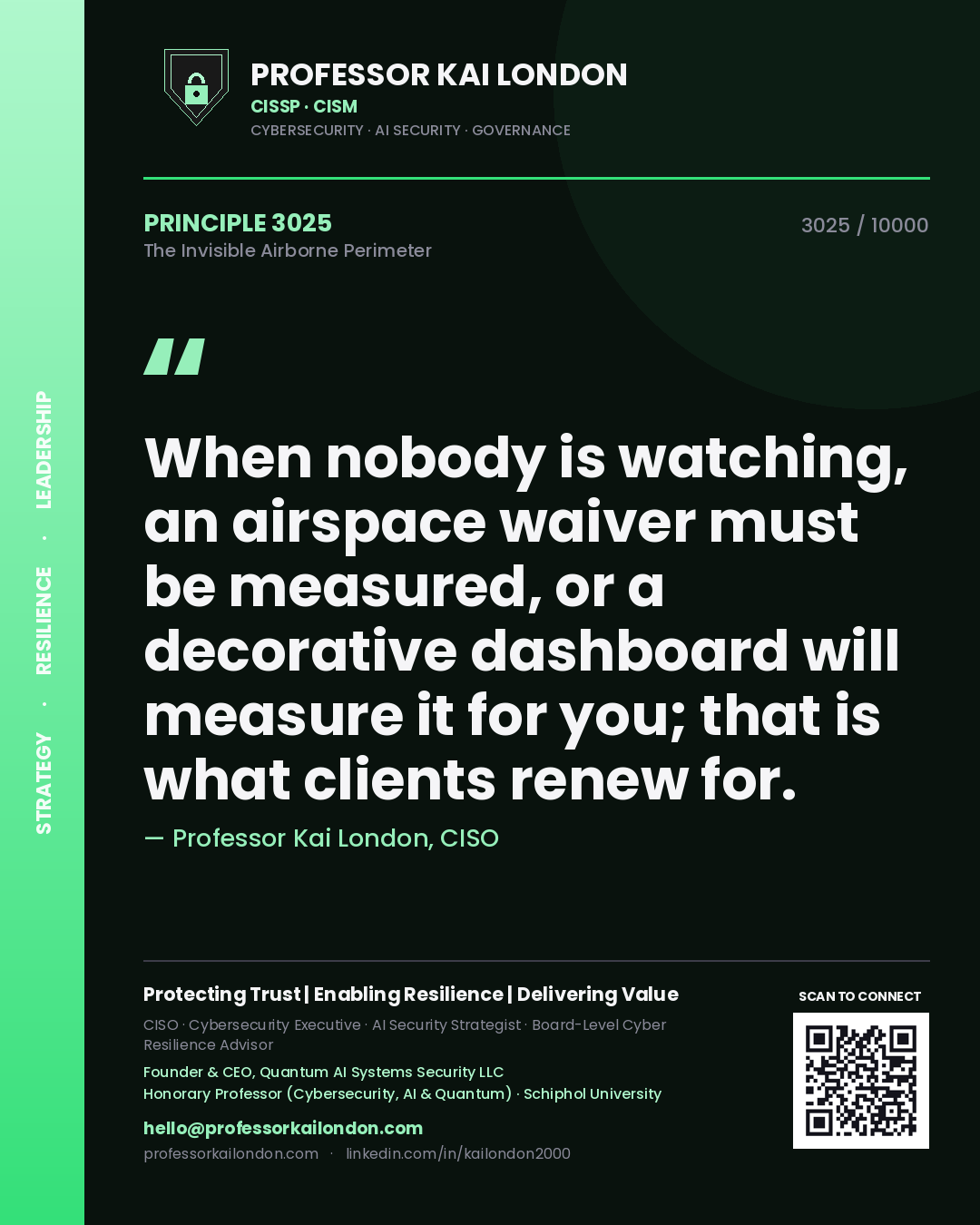 Quote card by Professor Kai London reading 'When nobody is watching, an airspace waiver must be measured, or a decorative dashboard will measure it for you; that is what clients renew for.'. From the book The Invisible Airborne Perimeter.