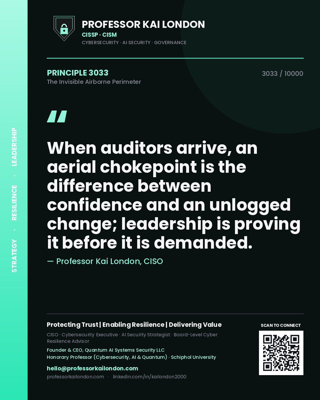 Quote card by Professor Kai London reading 'When auditors arrive, an aerial chokepoint is the difference between confidence and an unlogged change; leadership is proving it before it is demanded.'. From the book The Invisible Airborne Perimeter.