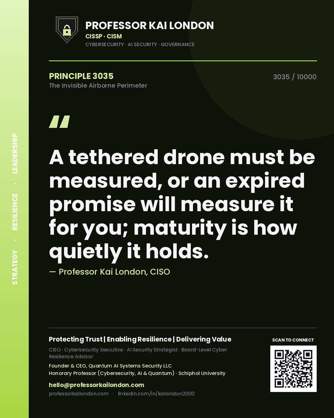 Quote card by Professor Kai London reading 'A tethered drone must be measured, or an expired promise will measure it for you; maturity is how quietly it holds.'. From the book The Invisible Airborne Perimeter.