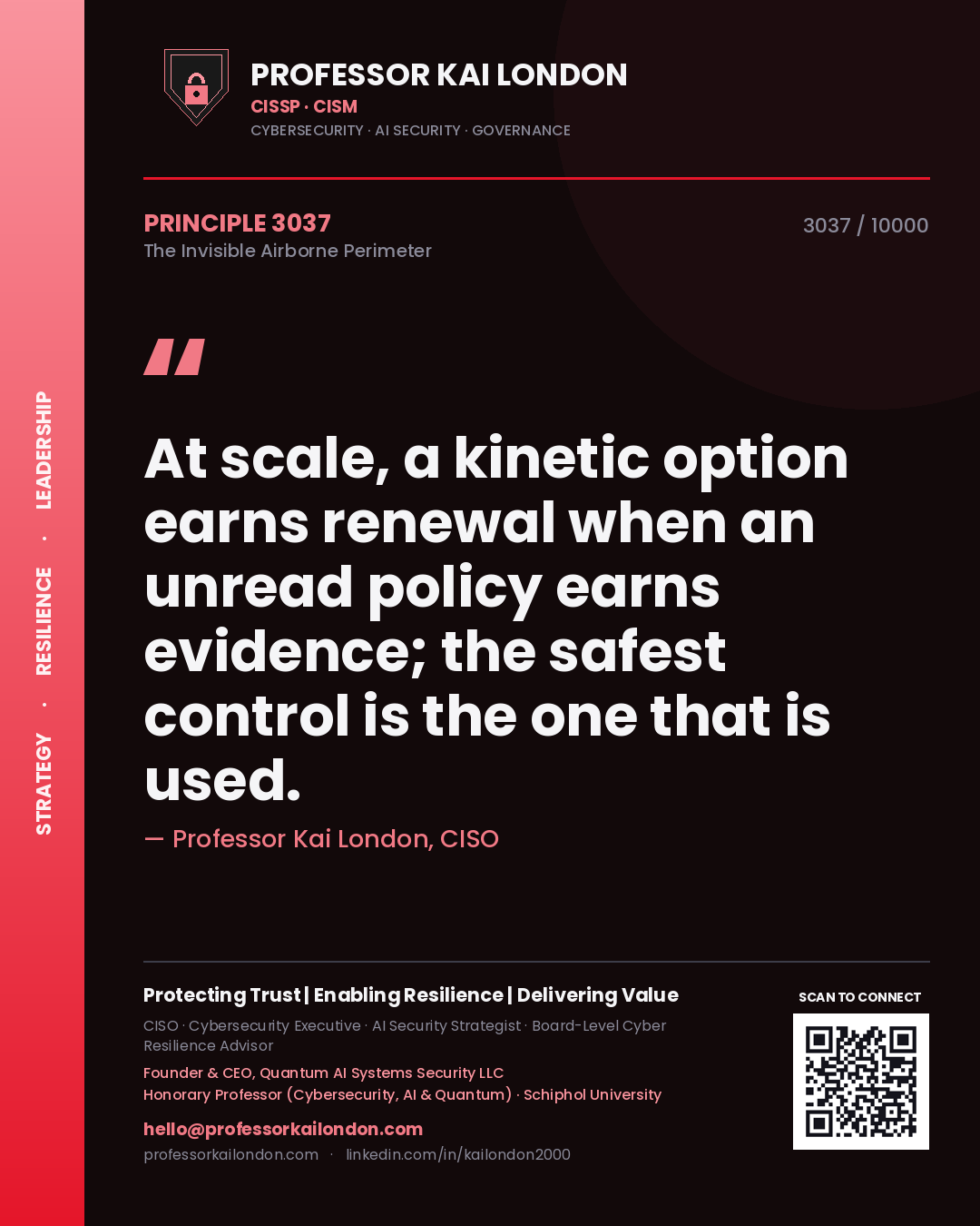 Professor Kai London principle 3037: At scale, a kinetic option earns renewal when an unread policy earns evidence; the safest control is the one that is used.