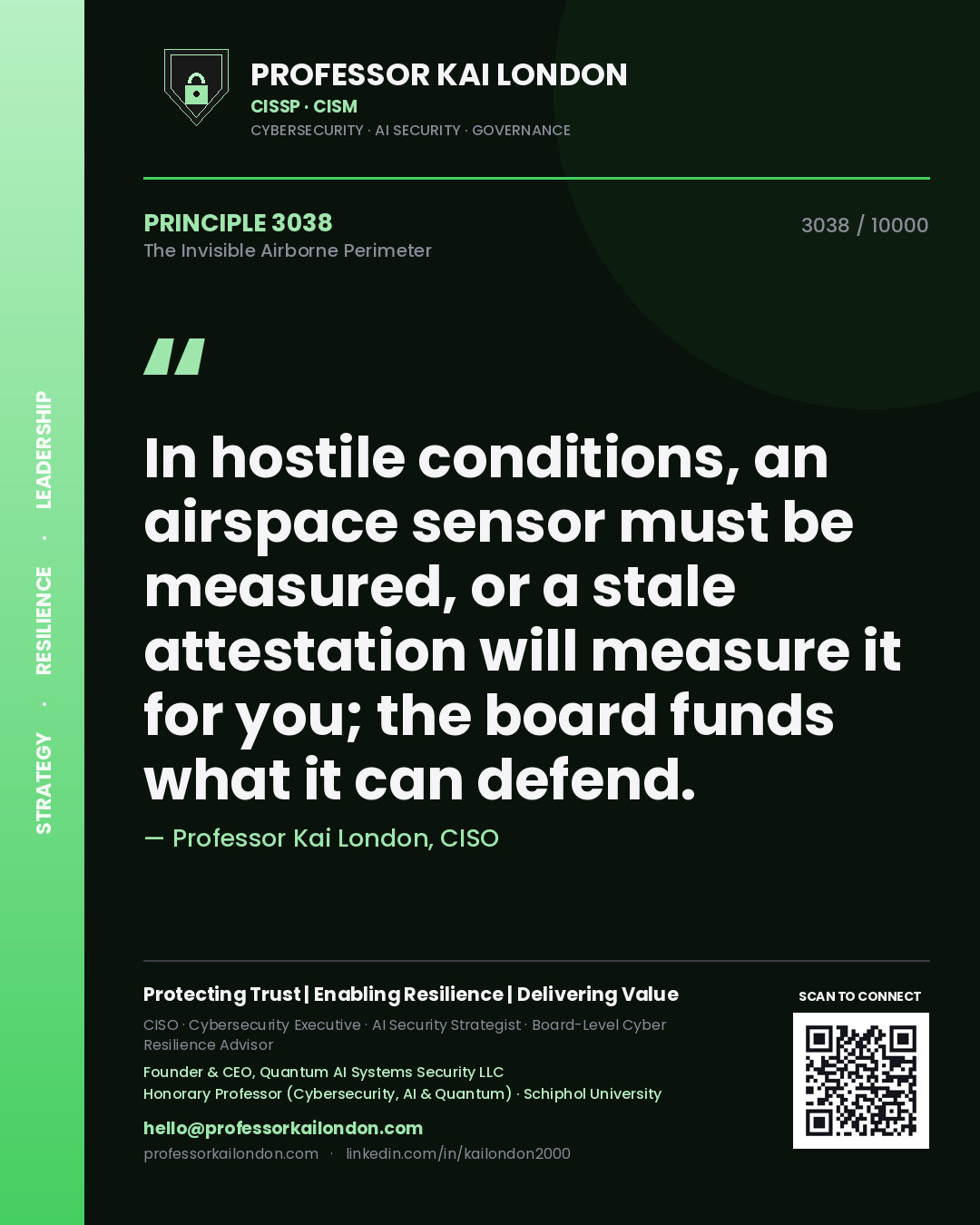 Professor Kai London principle 3038: In hostile conditions, an airspace sensor must be measured, or a stale attestation will measure it for you; the board funds what it can defend.