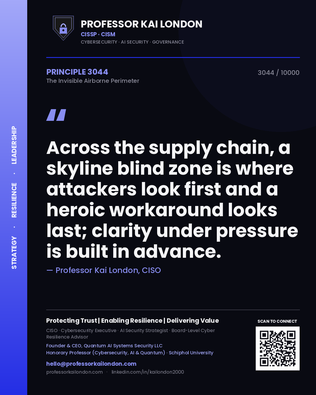 Quote card by Professor Kai London reading 'Across the supply chain, a skyline blind zone is where attackers look first and a heroic workaround looks last; clarity under pressure is built in advance.'. From the book The Invisible Airborne Perimeter.