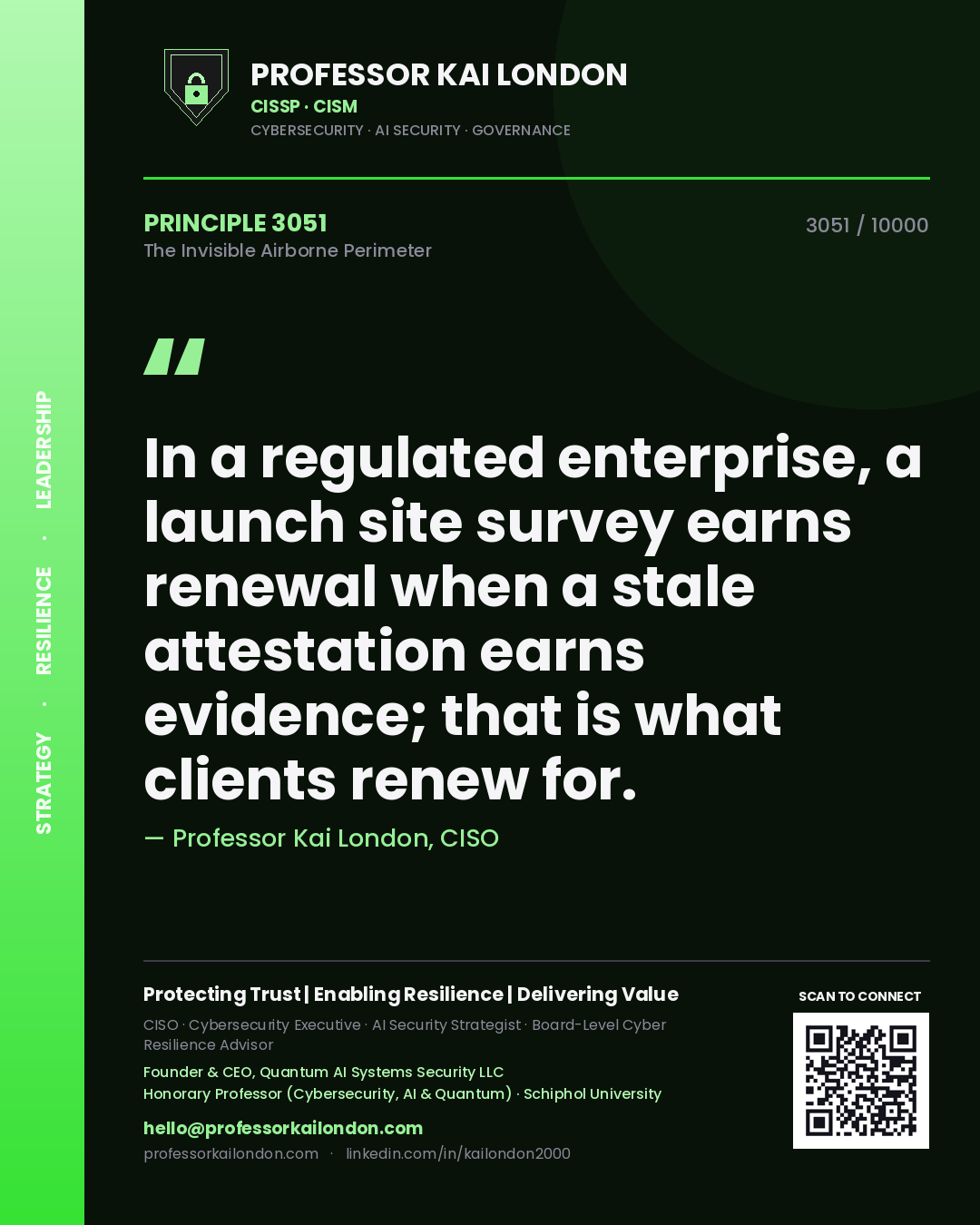 Quote card by Professor Kai London reading 'In a regulated enterprise, a launch site survey earns renewal when a stale attestation earns evidence; that is what clients renew for.'. From the book The Invisible Airborne Perimeter.