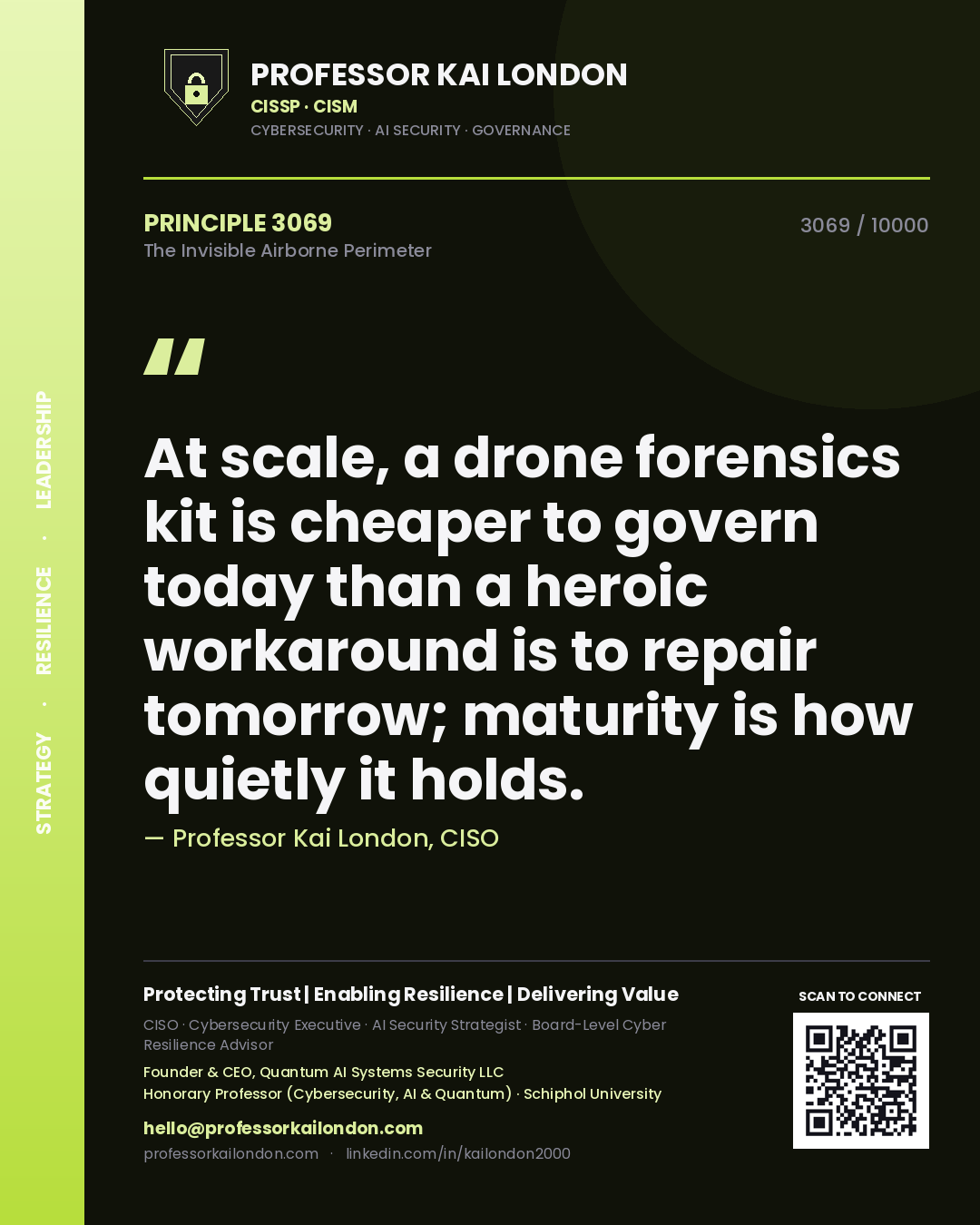 Quote card by Professor Kai London reading 'At scale, a drone forensics kit is cheaper to govern today than a heroic workaround is to repair tomorrow; maturity is how quietly it holds.'. From the book The Invisible Airborne Perimeter.