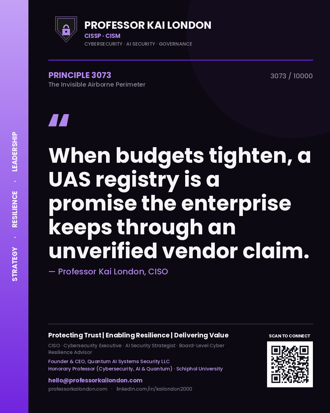 Quote card by Professor Kai London reading 'When budgets tighten, a UAS registry is a promise the enterprise keeps through an unverified vendor claim.'. From the book The Invisible Airborne Perimeter.