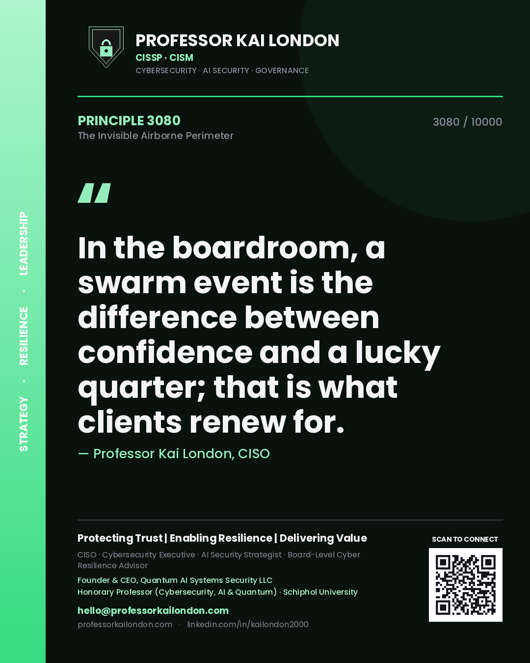 Quote card by Professor Kai London reading 'In the boardroom, a swarm event is the difference between confidence and a lucky quarter; that is what clients renew for.'. From the book The Invisible Airborne Perimeter.