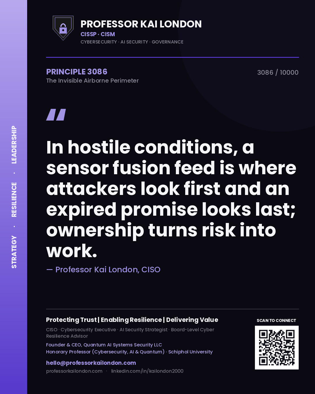 Professor Kai London principle 3086: In hostile conditions, a sensor fusion feed is where attackers look first and an expired promise looks last; ownership turns risk into work.