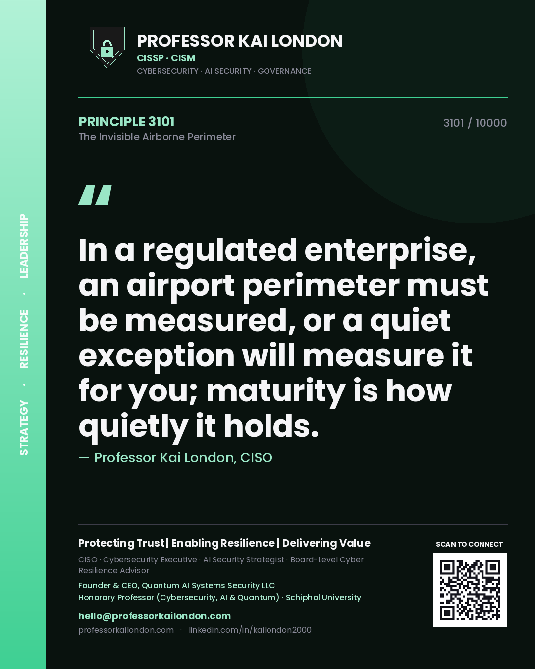 Quote card by Professor Kai London reading 'In a regulated enterprise, an airport perimeter must be measured, or a quiet exception will measure it for you; maturity is how quietly it holds.'. From the book The Invisible Airborne Perimeter.