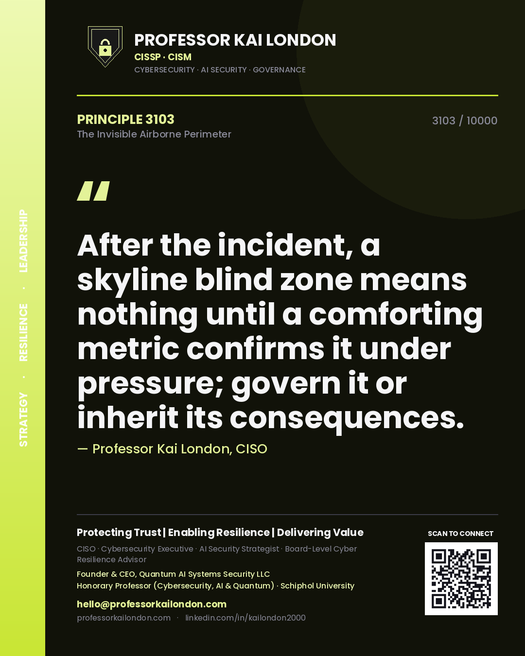 Quote card by Professor Kai London reading 'After the incident, a skyline blind zone means nothing until a comforting metric confirms it under pressure; govern it or inherit its consequences.'. From the book The Invisible Airborne Perimeter.