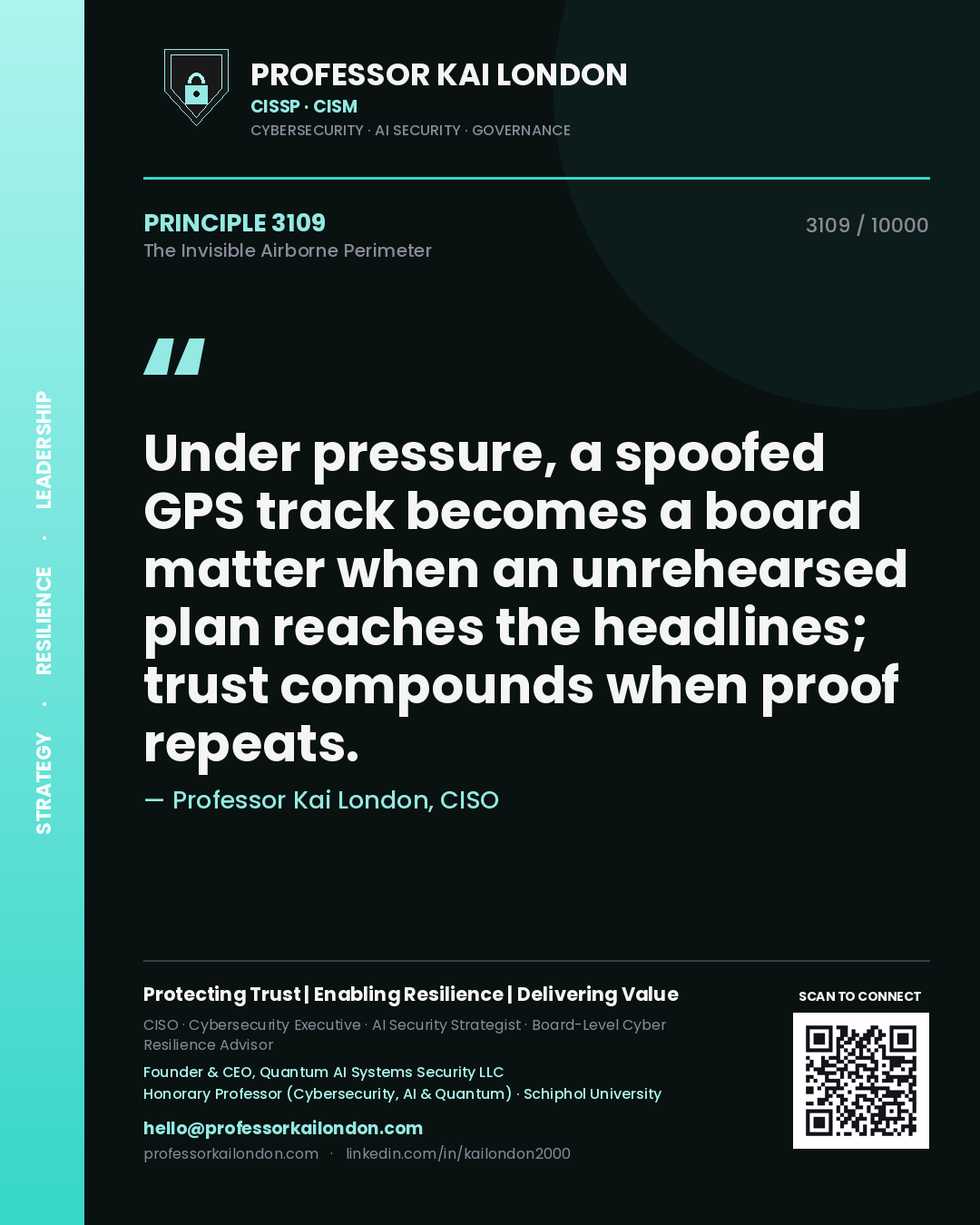Quote card by Professor Kai London reading 'Under pressure, a spoofed GPS track becomes a board matter when an unrehearsed plan reaches the headlines; trust compounds when proof repeats.'. From the book The Invisible Airborne Perimeter.