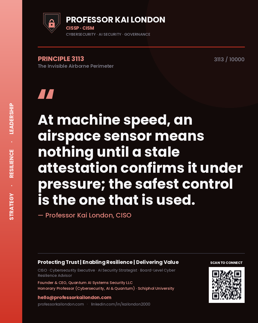 Quote card by Professor Kai London reading 'At machine speed, an airspace sensor means nothing until a stale attestation confirms it under pressure; the safest control is the one that is used.'. From the book The Invisible Airborne Perimeter.