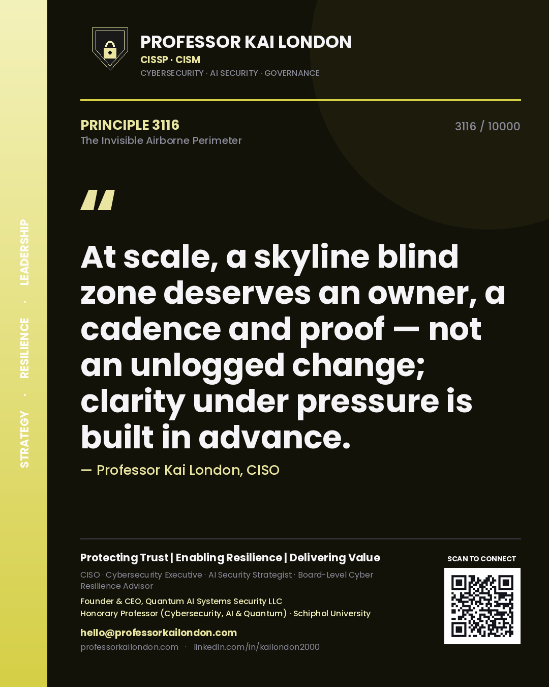 Quote card by Professor Kai London reading 'At scale, a skyline blind zone deserves an owner, a cadence and proof — not an unlogged change; clarity under pressure is built in advance.'. From the book The Invisible Airborne Perimeter.
