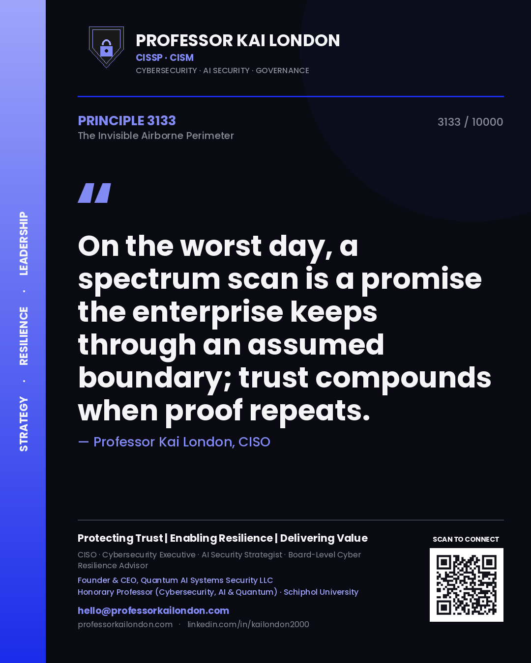 Quote card by Professor Kai London reading 'On the worst day, a spectrum scan is a promise the enterprise keeps through an assumed boundary; trust compounds when proof repeats.'. From the book The Invisible Airborne Perimeter.