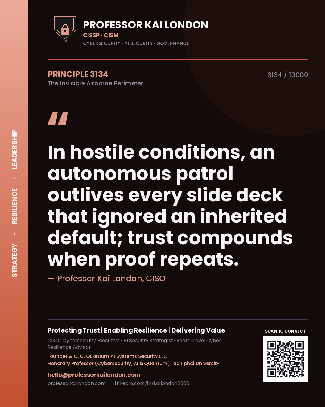 Quote card by Professor Kai London reading 'In hostile conditions, an autonomous patrol outlives every slide deck that ignored an inherited default; trust compounds when proof repeats.'. From the book The Invisible Airborne Perimeter.