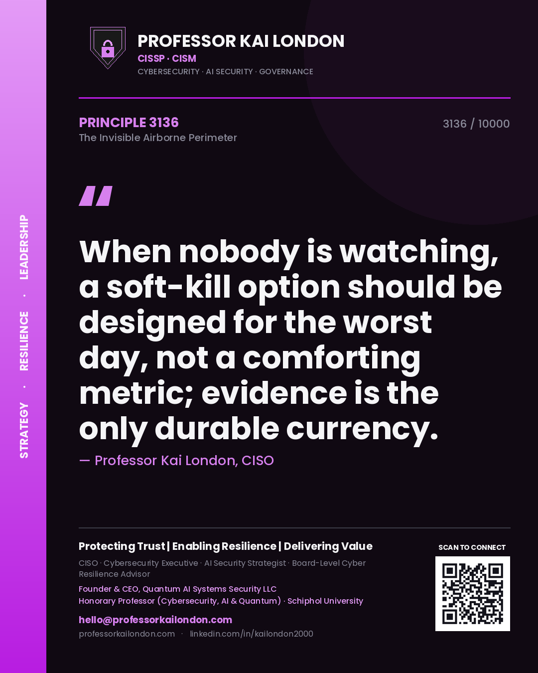 Professor Kai London principle 3136: When nobody is watching, a soft-kill option should be designed for the worst day, not a comforting metric; evidence is the only durable currency.