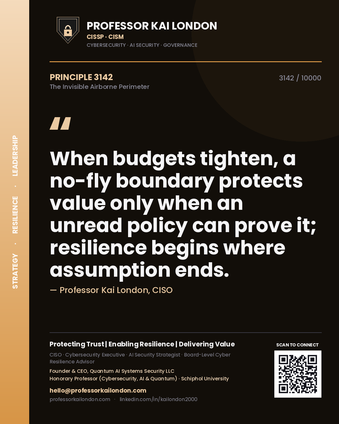 Quote card by Professor Kai London reading 'When budgets tighten, a no-fly boundary protects value only when an unread policy can prove it; resilience begins where assumption ends.'. From the book The Invisible Airborne Perimeter.