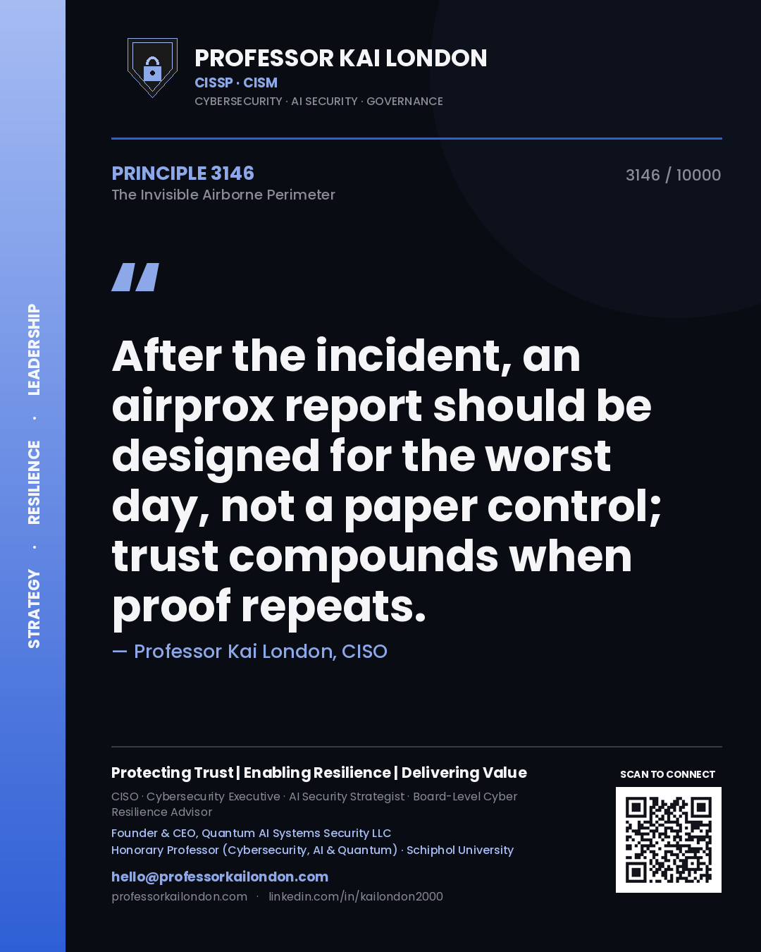 Quote card by Professor Kai London reading 'After the incident, an airprox report should be designed for the worst day, not a paper control; trust compounds when proof repeats.'. From the book The Invisible Airborne Perimeter.