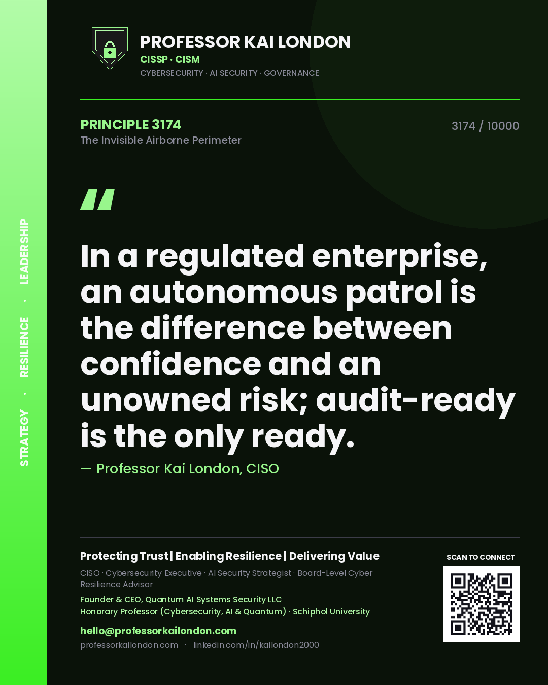 Quote card by Professor Kai London reading 'In a regulated enterprise, an autonomous patrol is the difference between confidence and an unowned risk; audit-ready is the only ready.'. From the book The Invisible Airborne Perimeter.