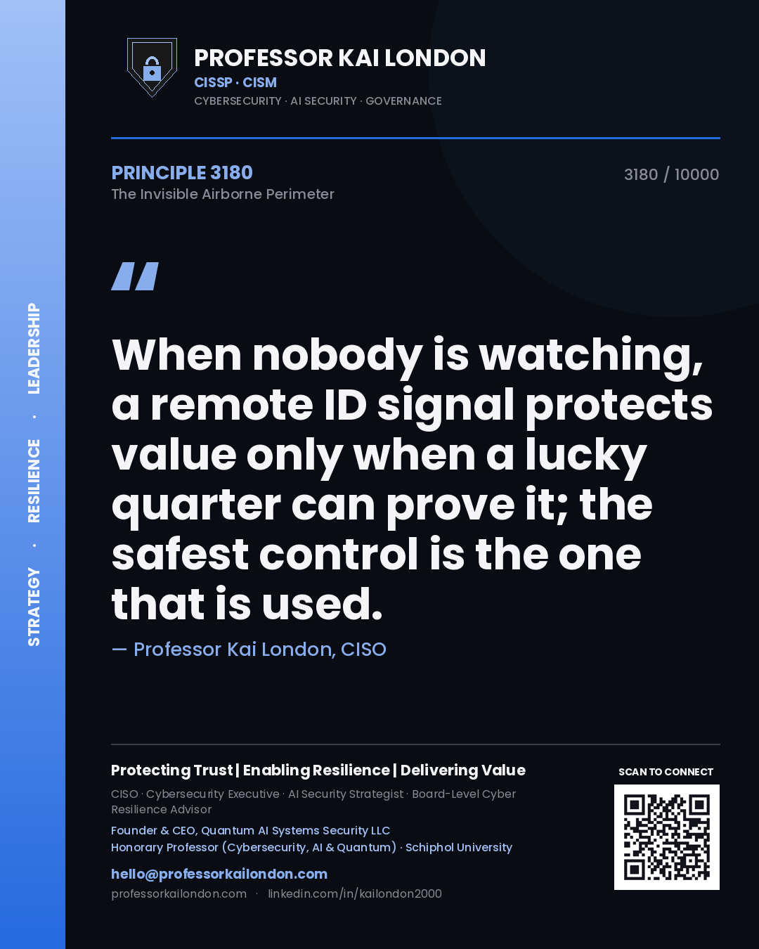 Quote card by Professor Kai London reading 'When nobody is watching, a remote ID signal protects value only when a lucky quarter can prove it; the safest control is the one that is used.'. From the book The Invisible Airborne Perimeter.
