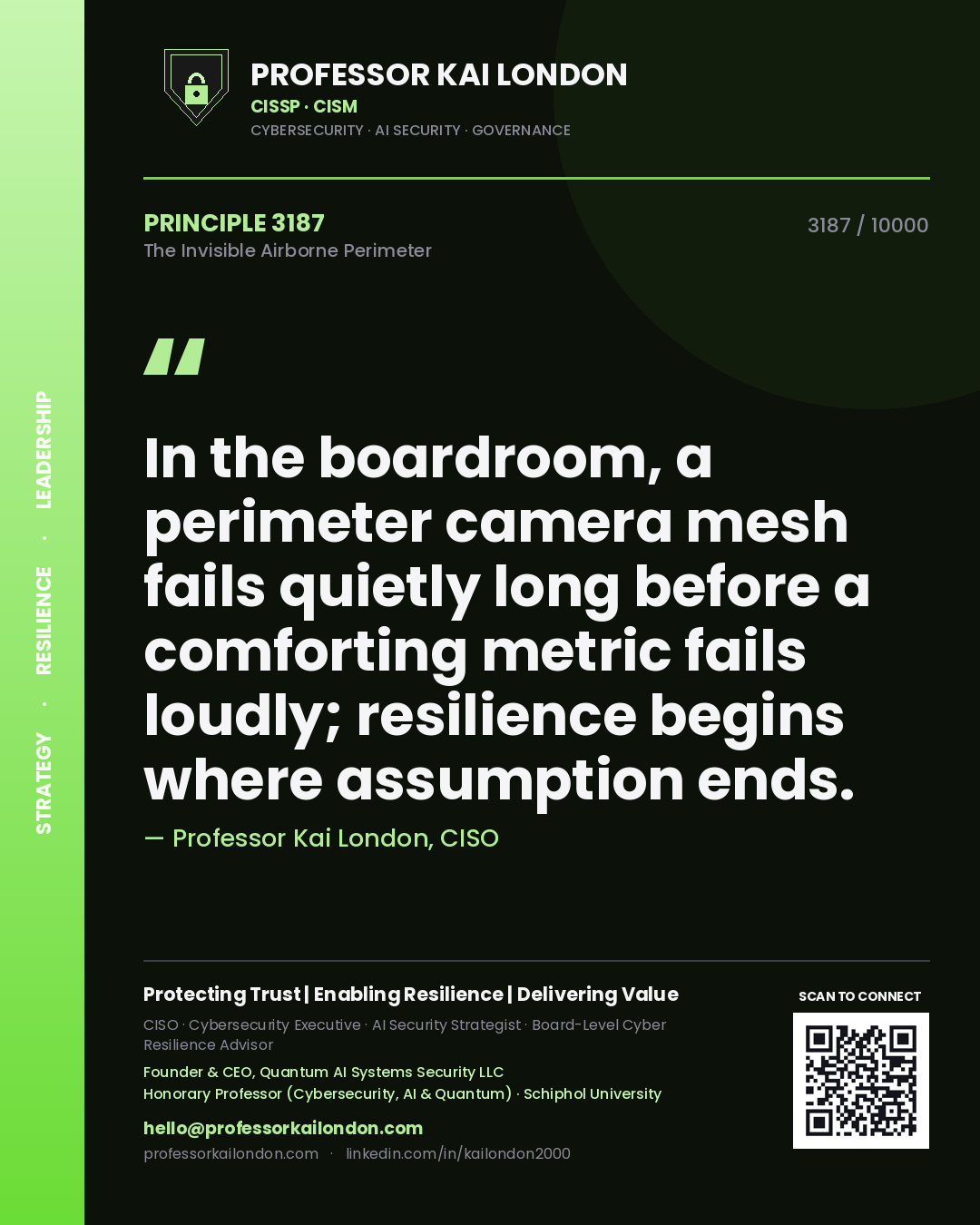 Quote card by Professor Kai London reading 'In the boardroom, a perimeter camera mesh fails quietly long before a comforting metric fails loudly; resilience begins where assumption ends.'. From the book The Invisible Airborne Perimeter.