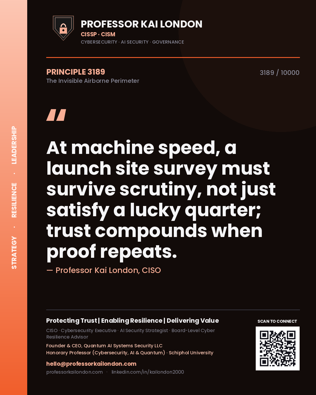 Professor Kai London principle 3189: At machine speed, a launch site survey must survive scrutiny, not just satisfy a lucky quarter; trust compounds when proof repeats.