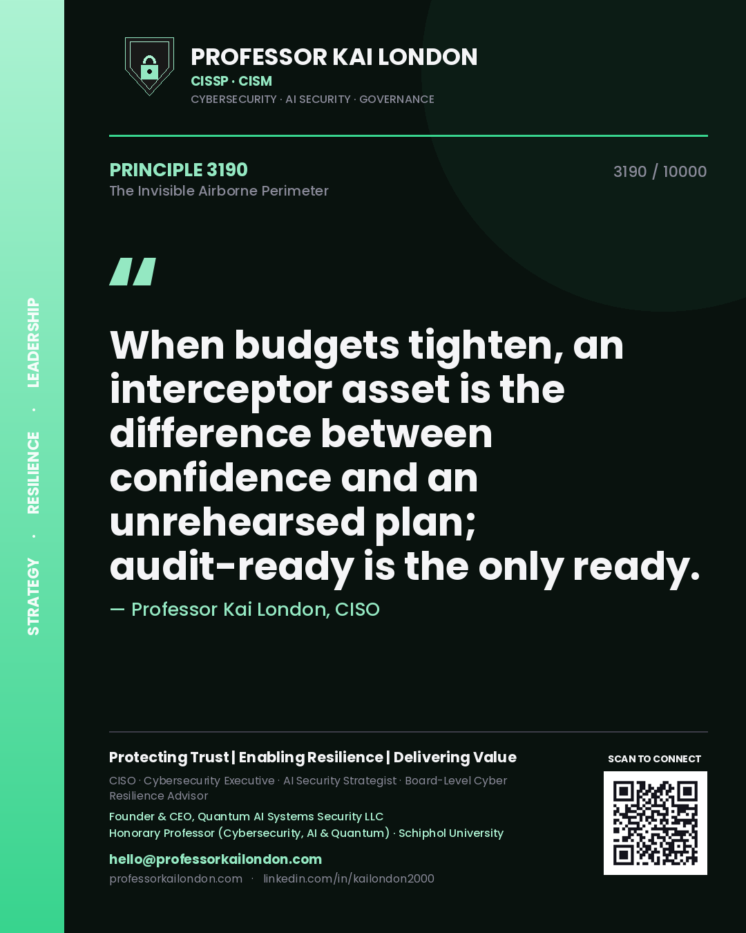 Professor Kai London principle 3190: When budgets tighten, an interceptor asset is the difference between confidence and an unrehearsed plan; audit-ready is the only ready.
