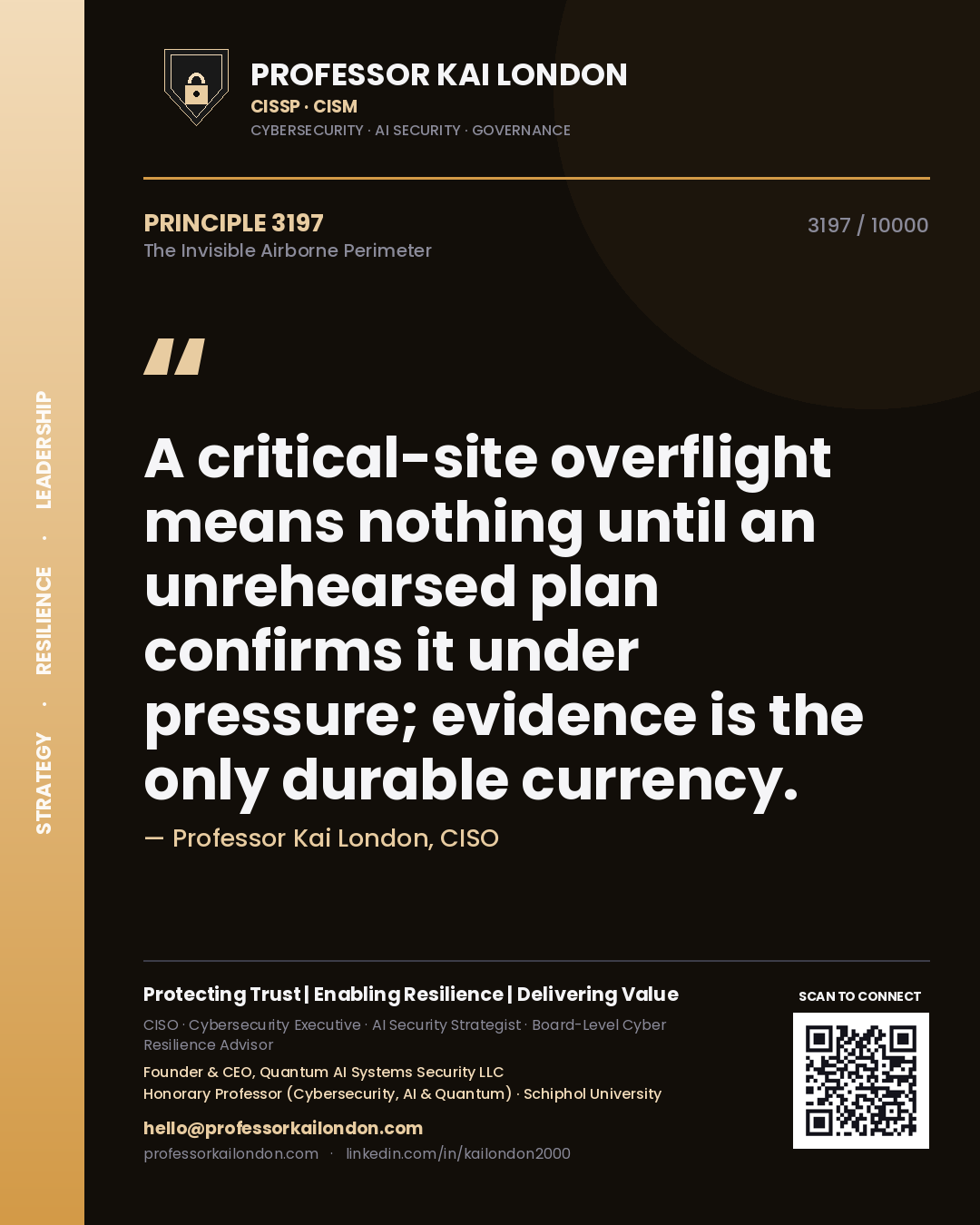 Quote card by Professor Kai London reading 'A critical-site overflight means nothing until an unrehearsed plan confirms it under pressure; evidence is the only durable currency.'. From the book The Invisible Airborne Perimeter.