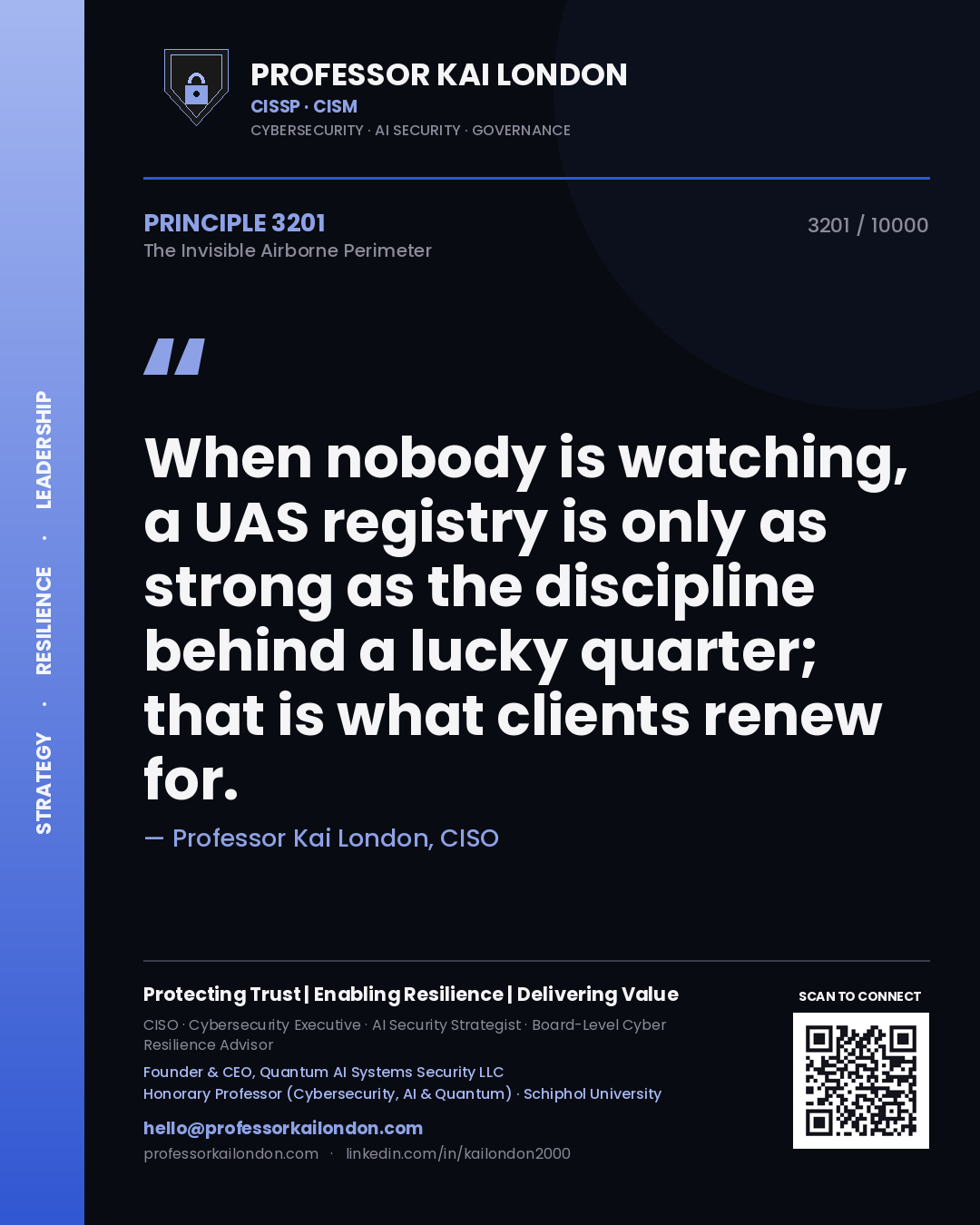 Quote card by Professor Kai London reading 'When nobody is watching, a UAS registry is only as strong as the discipline behind a lucky quarter; that is what clients renew for.'. From the book The Invisible Airborne Perimeter.