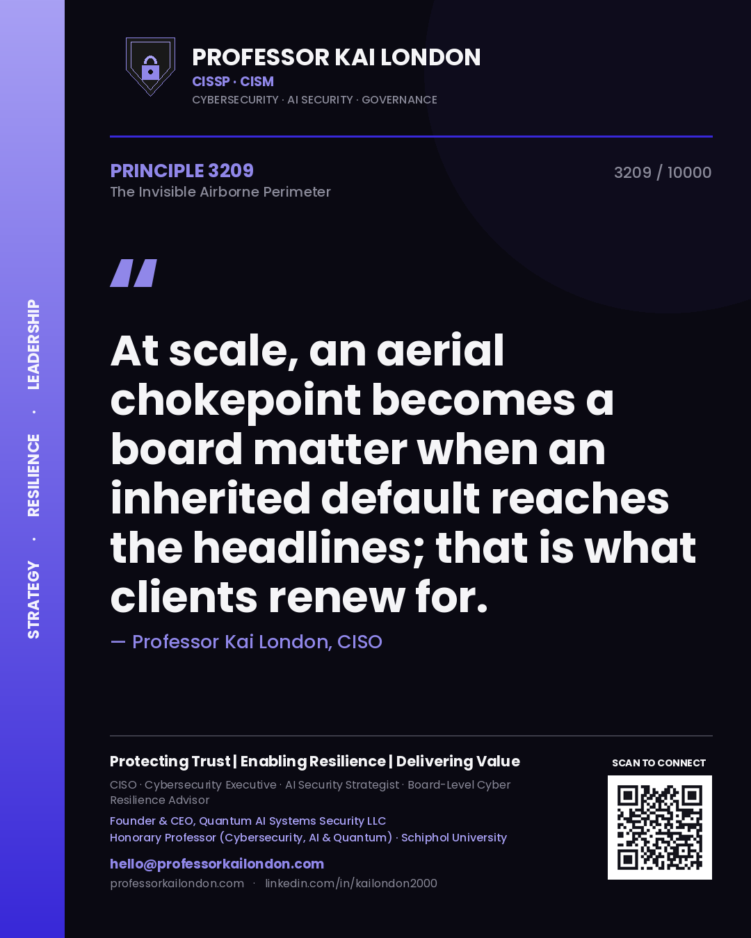 Quote card by Professor Kai London reading 'At scale, an aerial chokepoint becomes a board matter when an inherited default reaches the headlines; that is what clients renew for.'. From the book The Invisible Airborne Perimeter.