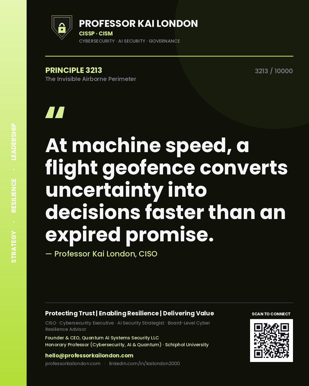 Quote card by Professor Kai London reading 'At machine speed, a flight geofence converts uncertainty into decisions faster than an expired promise.'. From the book The Invisible Airborne Perimeter.
