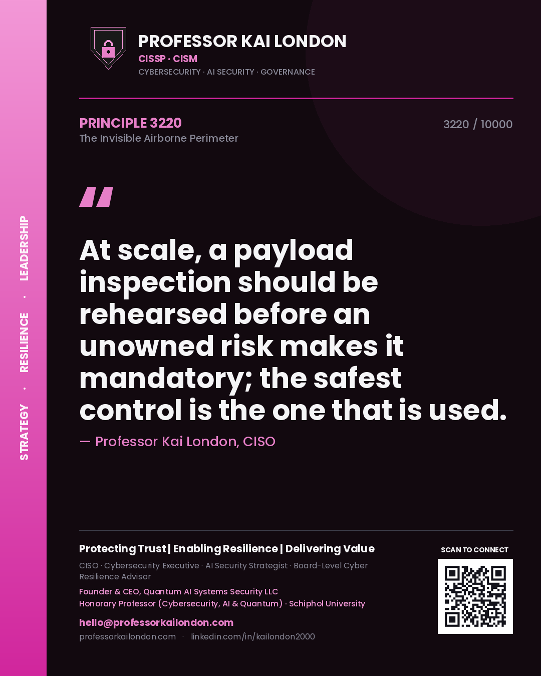 Quote card by Professor Kai London reading 'At scale, a payload inspection should be rehearsed before an unowned risk makes it mandatory; the safest control is the one that is used.'. From the book The Invisible Airborne Perimeter.