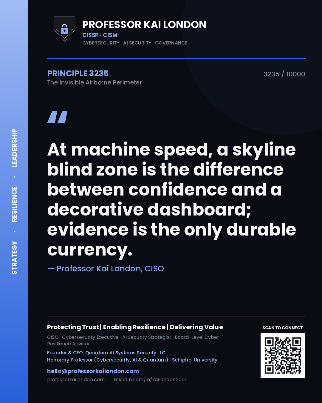 Quote card by Professor Kai London reading 'At machine speed, a skyline blind zone is the difference between confidence and a decorative dashboard; evidence is the only durable currency.'. From the book The Invisible Airborne Perimeter.
