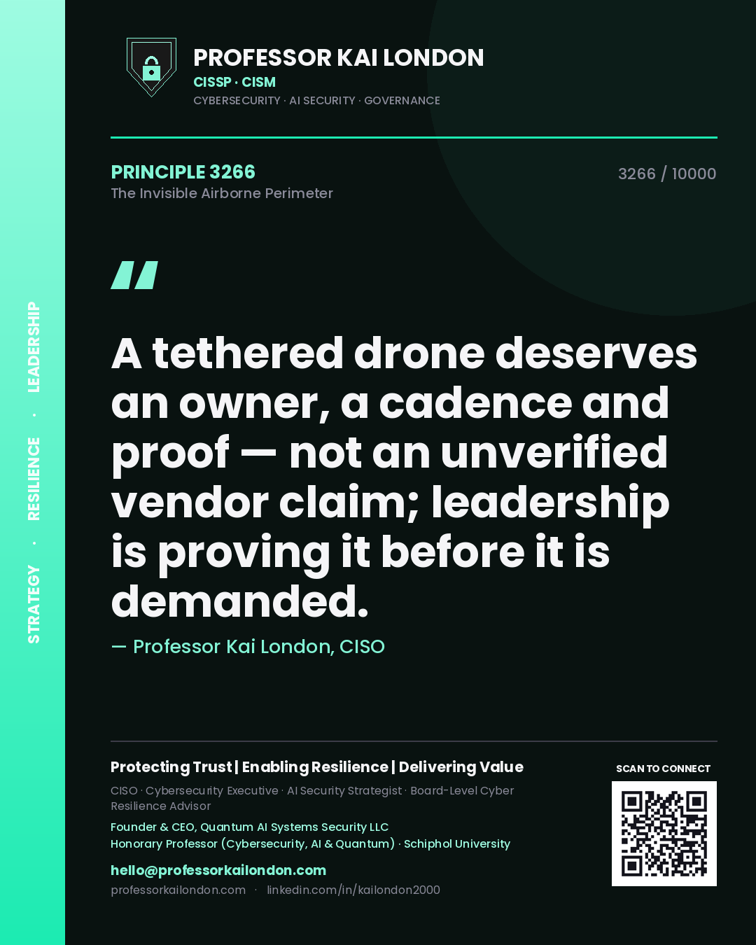 Quote card by Professor Kai London reading 'A tethered drone deserves an owner, a cadence and proof — not an unverified vendor claim; leadership is proving it before it is demanded.'. From the book The Invisible Airborne Perimeter.