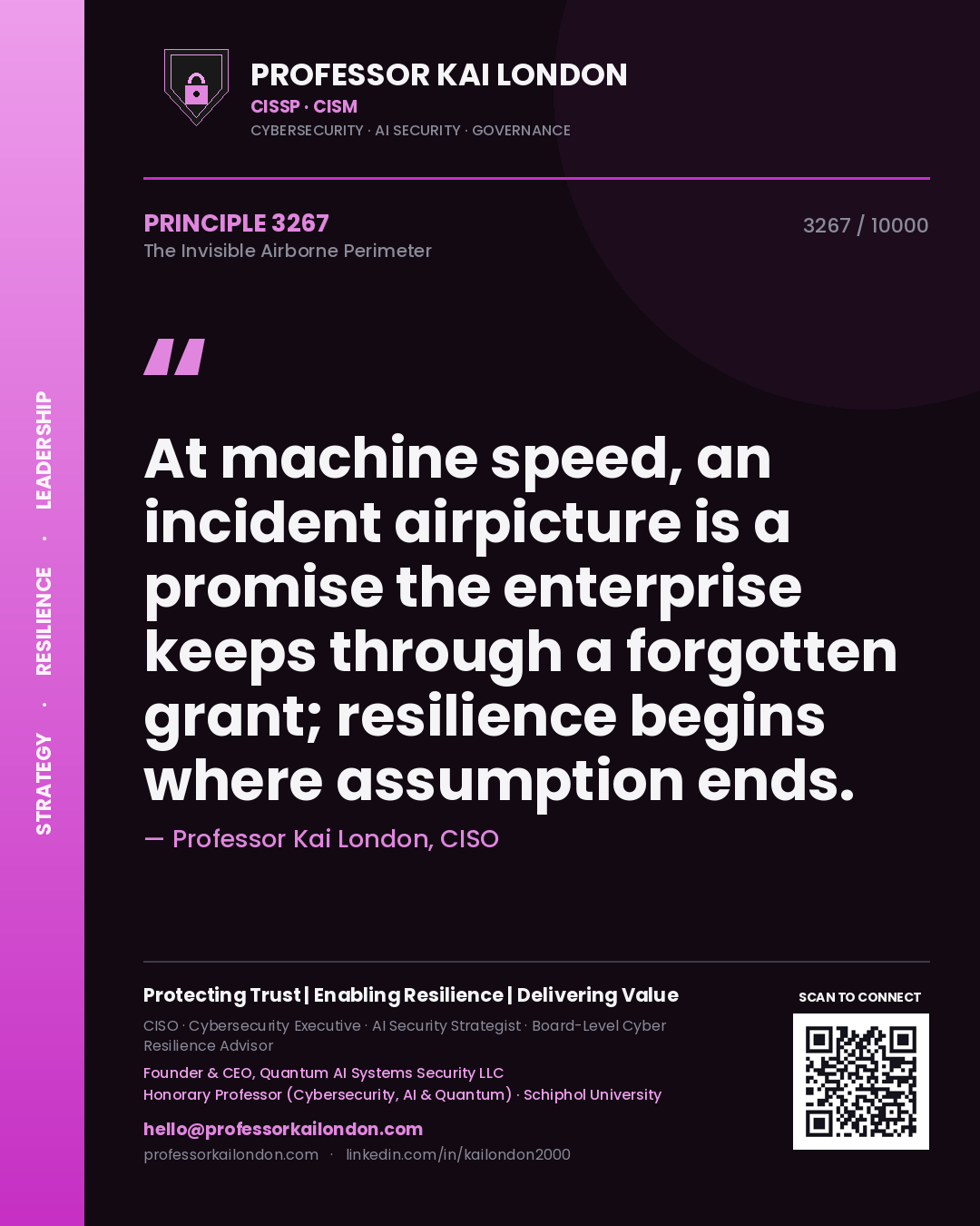 Quote card by Professor Kai London reading 'At machine speed, an incident airpicture is a promise the enterprise keeps through a forgotten grant; resilience begins where assumption ends.'. From the book The Invisible Airborne Perimeter.