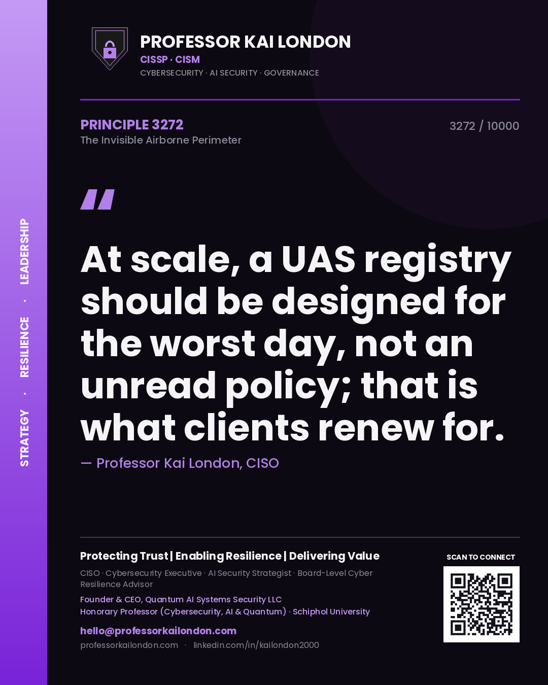 Quote card by Professor Kai London reading 'At scale, a UAS registry should be designed for the worst day, not an unread policy; that is what clients renew for.'. From the book The Invisible Airborne Perimeter.