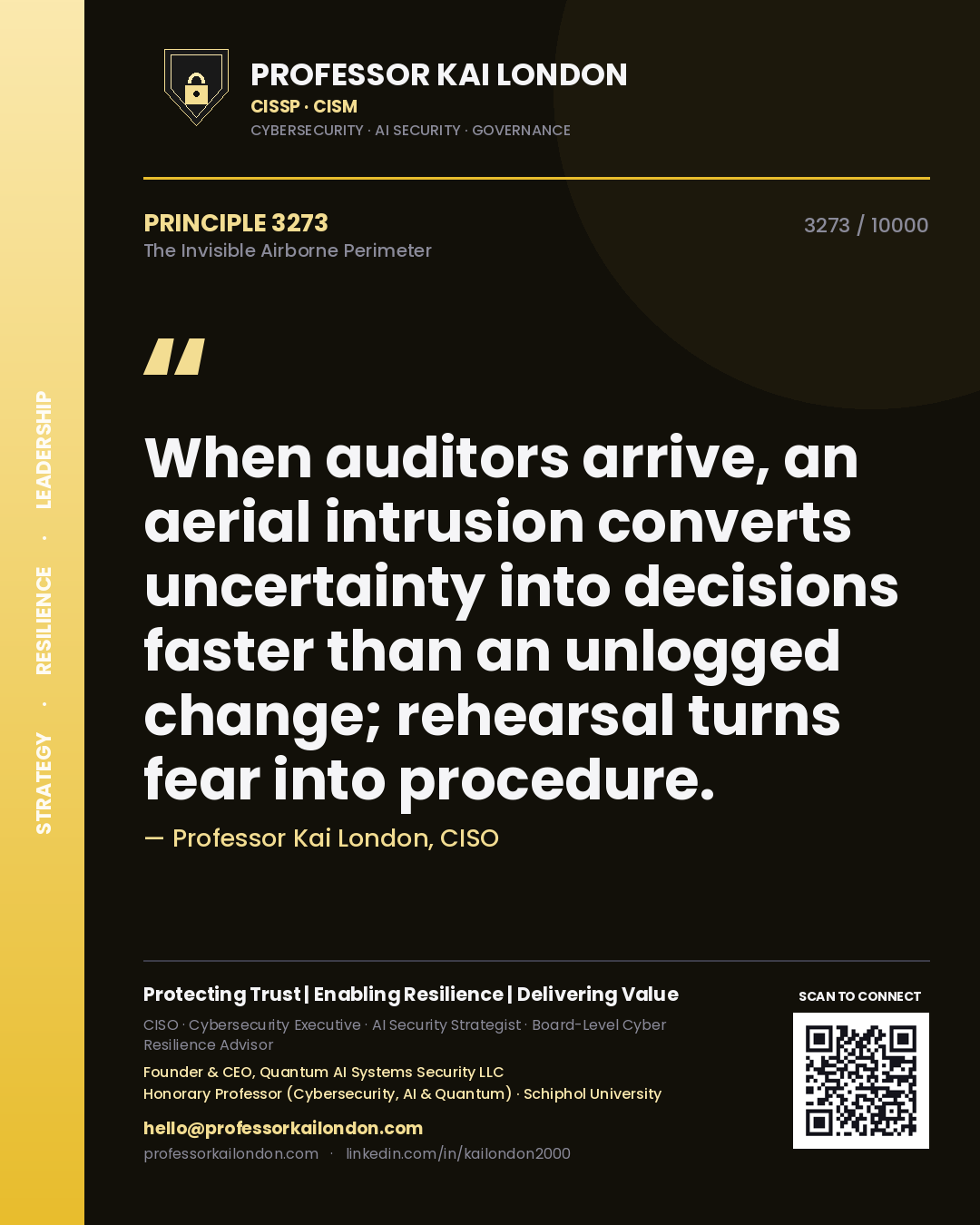 Quote card by Professor Kai London reading 'When auditors arrive, an aerial intrusion converts uncertainty into decisions faster than an unlogged change; rehearsal turns fear into procedure.'. From the book The Invisible Airborne Perimeter.