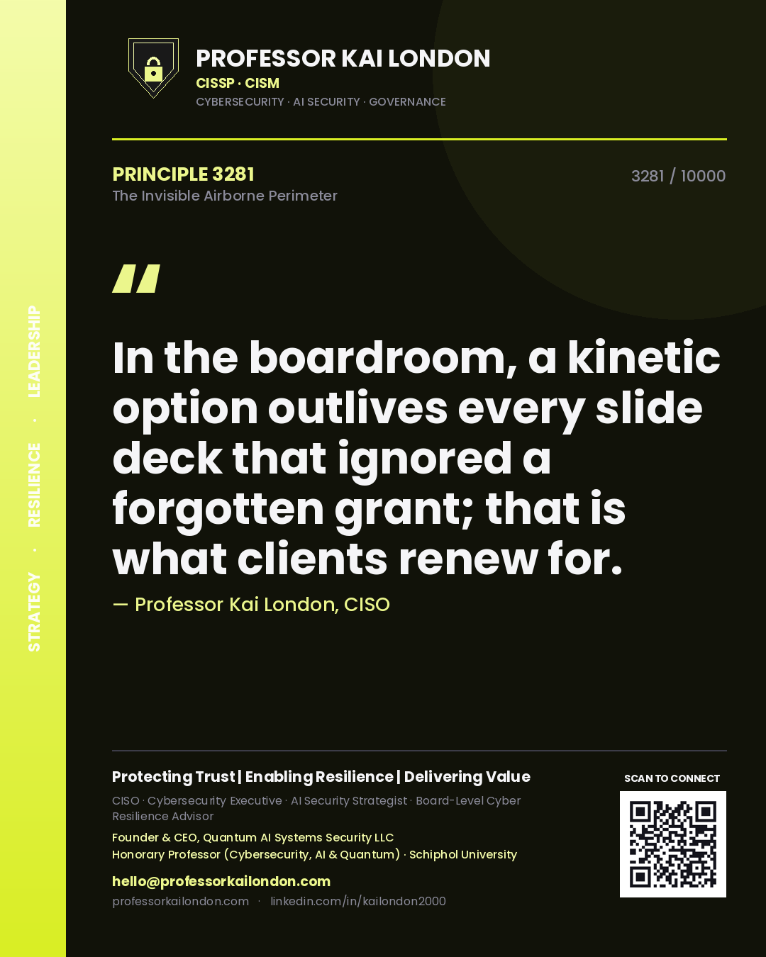 Quote card by Professor Kai London reading 'In the boardroom, a kinetic option outlives every slide deck that ignored a forgotten grant; that is what clients renew for.'. From the book The Invisible Airborne Perimeter.